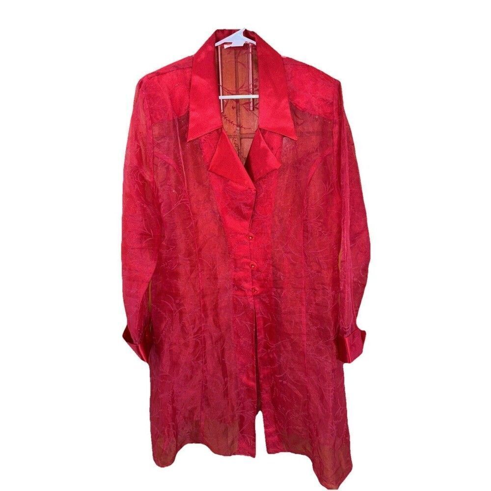 3K Fashion Red Sheer Long Jacket Blouse Buttons Glitter Shoulder Pad Vintage 3XL
